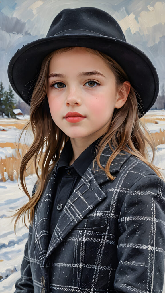 a beautiful picture of a little girl, 9 years old, wearing a black hat. She is wearing a checked suit and is standing in front of a wintry landscape. She has flawless skin and full lips and looks dreamily at the viewer. Side view. Upper body portrait.