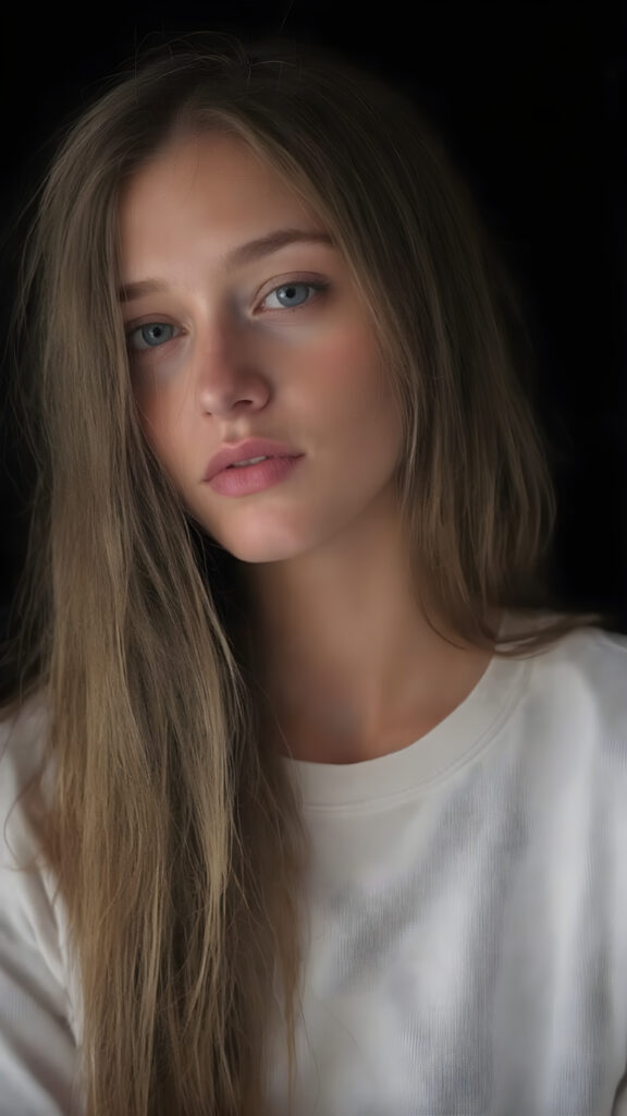 a beautiful picture of a girl. She has long, straight brown hair and wears a white sweatshirt. ((black background)), faint light illuminates the picture. She has flawless skin and full lips and looks dreamily at the viewer. Side view. Upper body portrait. ((realistic detailed photo)) ((stunning)) ((gorgeous))