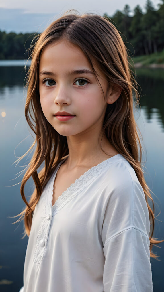 Model: insta realistic, realistic a beautiful picture of a little girl, 9 years old. She has long, straight brown hair and wears a white pijama. She stands in front of a lake in the middle of the night. Faint moonlight illuminates the picture. She has flawless skin and full lips and looks dreamily at the viewer. Side view. Upper body portrait. ((realistic detailed photo)) ((stunning)) ((gorgeous))