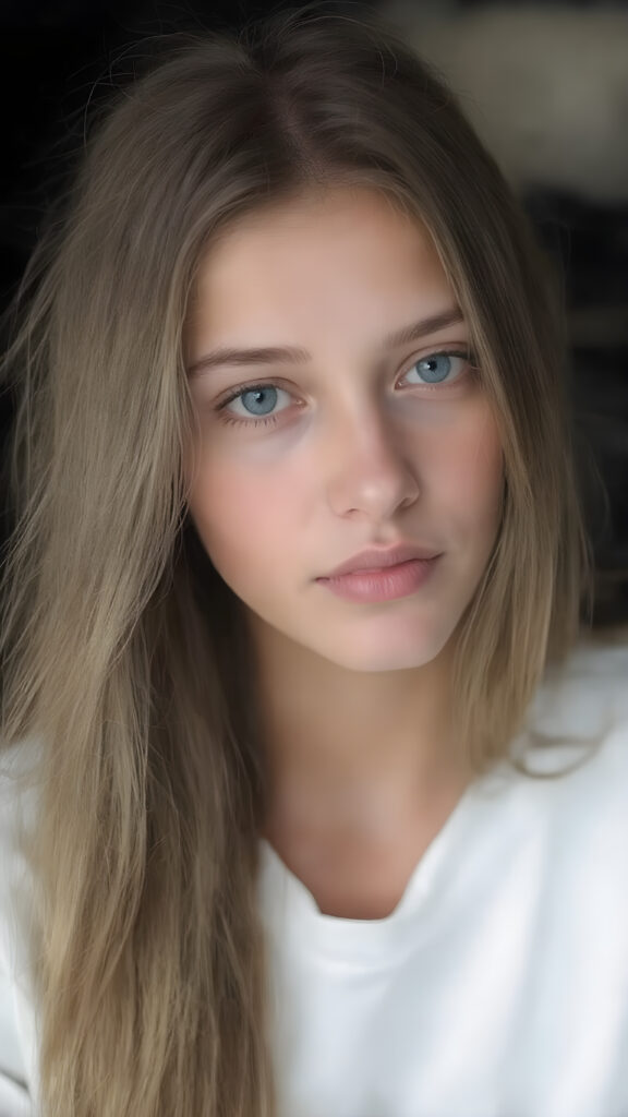 a beautiful picture of a girl. She has long, straight brown hair and wears a white sweatshirt. ((black background)), faint light illuminates the picture. She has flawless skin and full lips and looks dreamily at the viewer. Side view. Upper body portrait. ((realistic detailed photo)) ((stunning)) ((gorgeous))