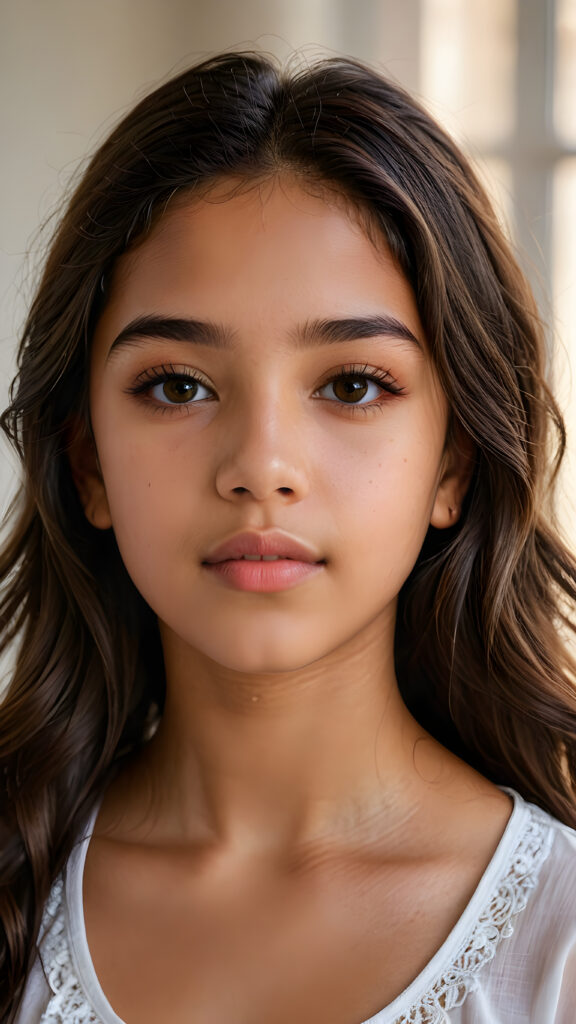 a beautiful portrait of a young and pretty Latino teen girl, 14 years old. She has an angelic face, full lips, (light dark eyes)), ((detailed)) ((stunning)) ((gorgeous)), perfect light, realistic shadows, light empty background