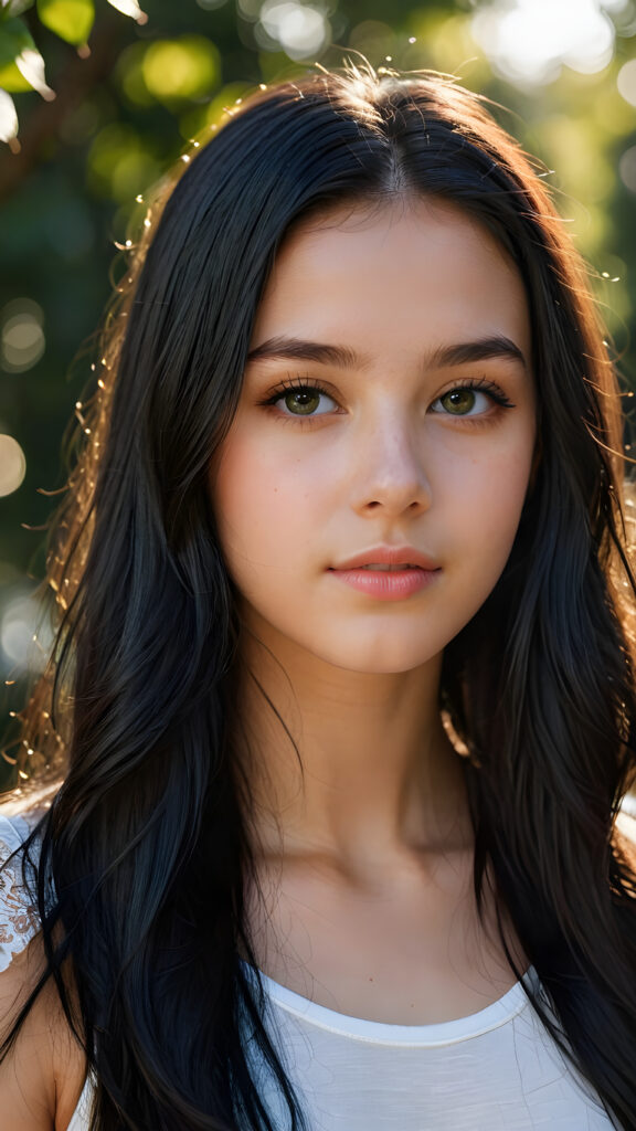 a beautiful portrait of a young and pretty teen girl. She has an angelic face and long, straight black hair, ((detailed)) ((stunning)) ((gorgeous)), perfect light, realistic shadows