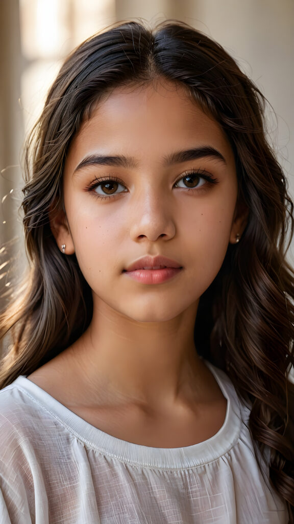 a beautiful portrait of a young and pretty Latino teen girl, 14 years old. She has an angelic face, full lips, (light dark eyes)), ((detailed)) ((stunning)) ((gorgeous)), perfect light, realistic shadows, light empty background