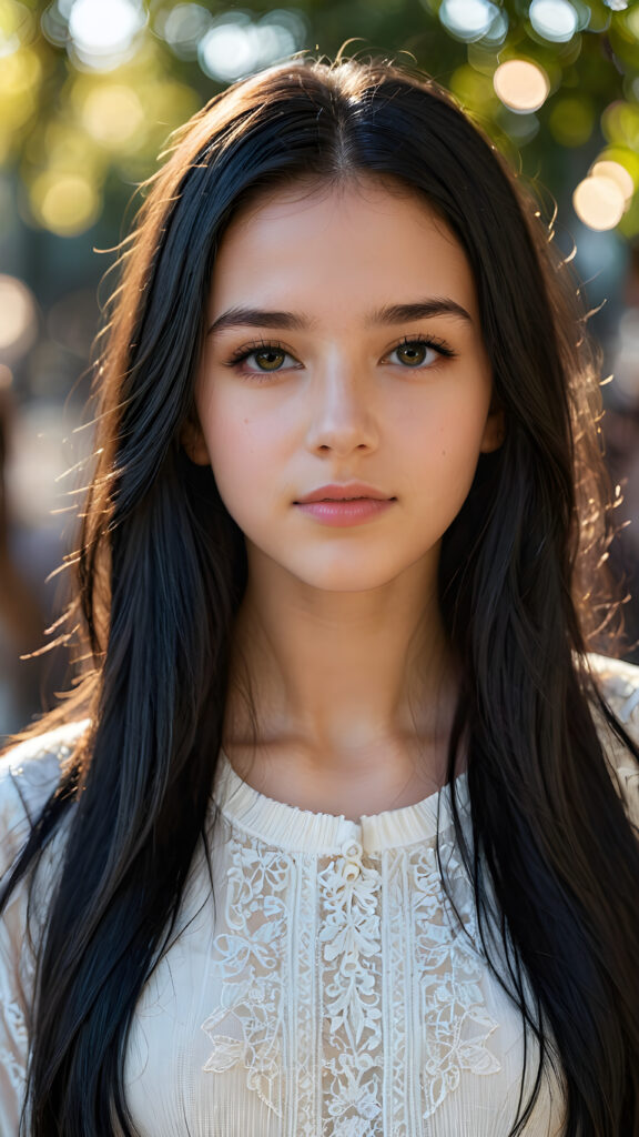 a beautiful portrait of a young and pretty teen girl. She has an angelic face and long, straight black hair, ((detailed)) ((stunning)) ((gorgeous)), perfect light, realistic shadows