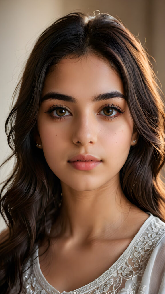 a beautiful portrait of a young, petite and pretty Persian teen girl. She has an angelic face, full lips, (light dark eyes)), ((detailed)) ((stunning)) ((gorgeous)), perfect light, realistic shadows, light empty background