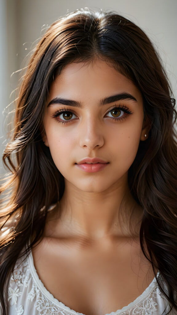 a beautiful portrait of a young, petite and pretty Persian teen girl. She has an angelic face, full lips, (light dark eyes)), ((detailed)) ((stunning)) ((gorgeous)), perfect light, realistic shadows, light empty background