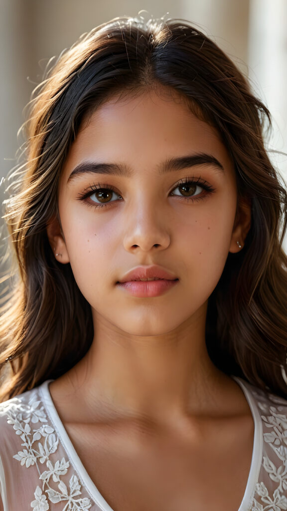 a beautiful portrait of a young and pretty Latino teen girl, 14 years old. She has an angelic face, full lips, (light dark eyes)), ((detailed)) ((stunning)) ((gorgeous)), perfect light, realistic shadows, light empty background