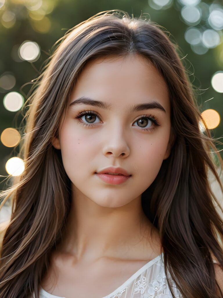 a (((beautifully drawn portrait))), featuring a young girl with long, flowing (((straight hair))), framing a face that exudes innocence and purity. Her skin is flawlessly smooth, with porcelain complexion and delicate features, including a small nose and rosy cheeks. Her eyes sparkle with an air of intrigue, reflecting a hint of light that adds a playful dimension to her expression. Overall, she conveys a sense of seduction and sensuality, with full, kissable lips and a subtly opened mouth