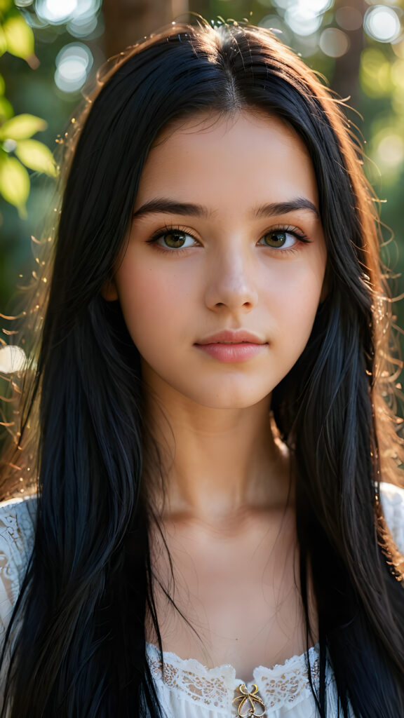 a beautiful portrait of a young and pretty teen girl. She has an angelic face and long, straight black hair, ((detailed)) ((stunning)) ((gorgeous)), perfect light, realistic shadows