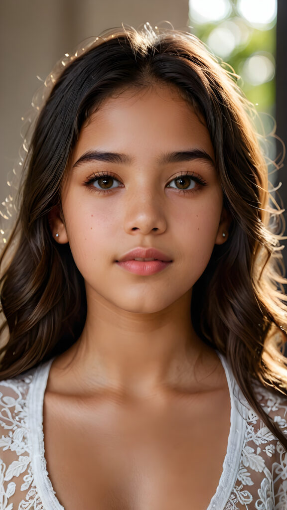 a beautiful portrait of a young and pretty Latino teen girl, 14 years old. She has an angelic face, full lips, (light dark eyes)), ((detailed)) ((stunning)) ((gorgeous)), perfect light, realistic shadows, light empty background