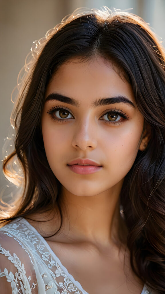 a beautiful portrait of a young, petite and pretty Persian teen girl. She has an angelic face, full lips, (light dark eyes)), ((detailed)) ((stunning)) ((gorgeous)), perfect light, realistic shadows, light empty background