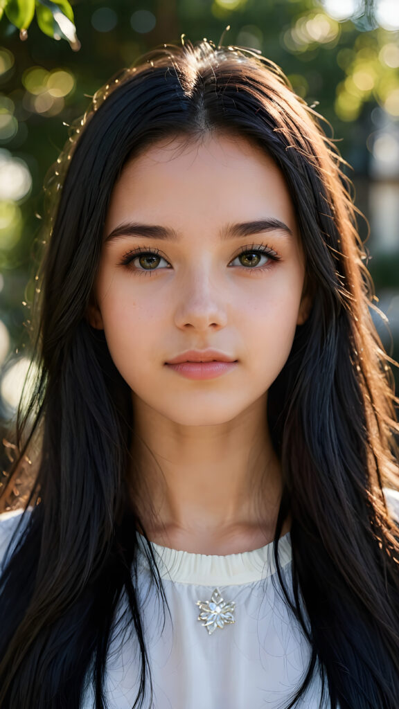 a beautiful portrait of a young and pretty teen girl. She has an angelic face and long, straight black hair, ((detailed)) ((stunning)) ((gorgeous)), perfect light, realistic shadows