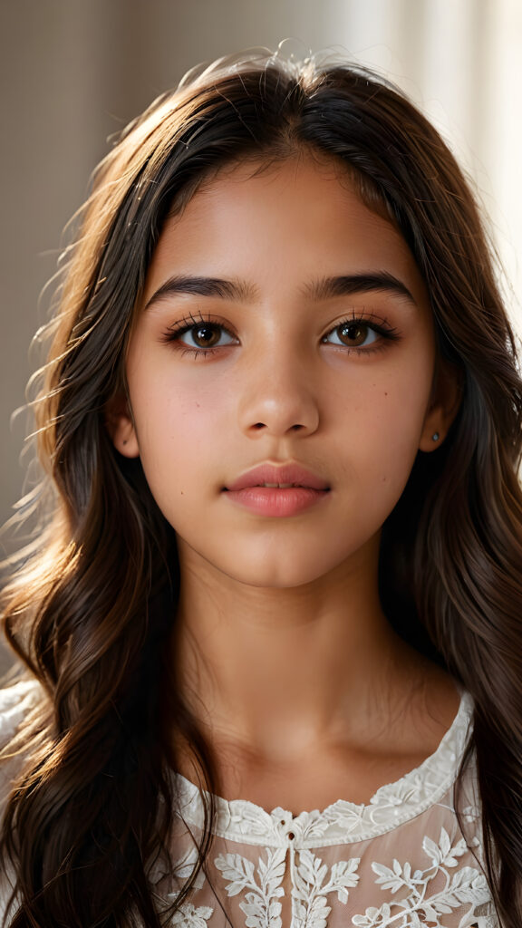 a beautiful portrait of a young and pretty Latino teen girl, 14 years old. She has an angelic face, full lips, (light dark eyes)), ((detailed)) ((stunning)) ((gorgeous)), perfect light, realistic shadows, light empty background