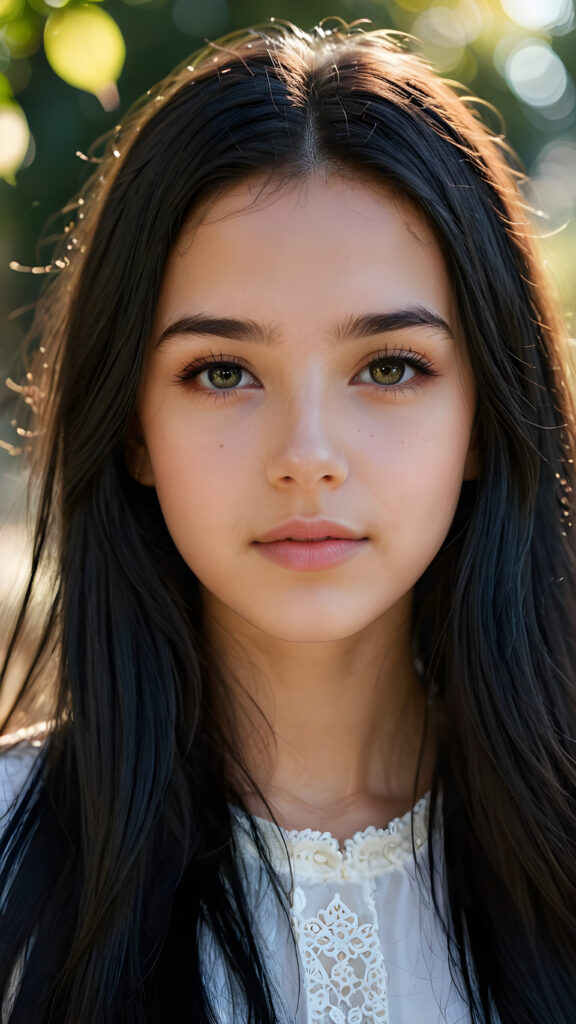 a beautiful portrait of a young and pretty teen girl. She has an angelic face and long, straight black hair, ((detailed)) ((stunning)) ((gorgeous)), perfect light, realistic shadows