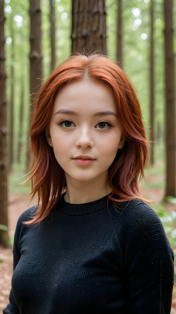 a beautiful, pretty girl with red hair, black dressed in a thin sweater, in a forest