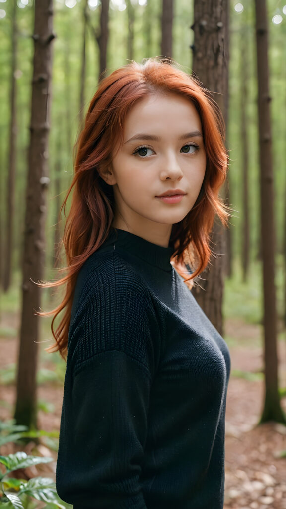 a beautiful, pretty girl with red hair, black dressed in a thin sweater, in a forest