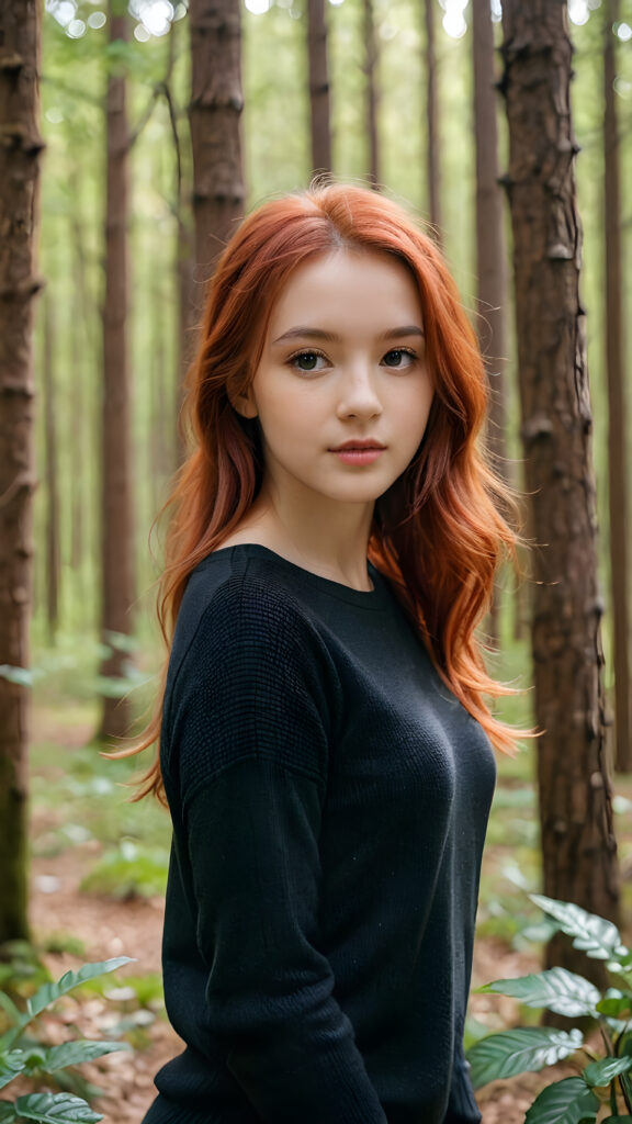 a beautiful, pretty girl with red hair, black dressed in a thin sweater, in a forest