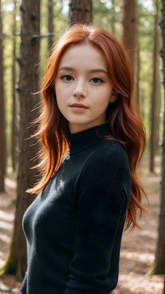 a beautiful, pretty girl with red hair, black dressed in a thin sweater, in a forest