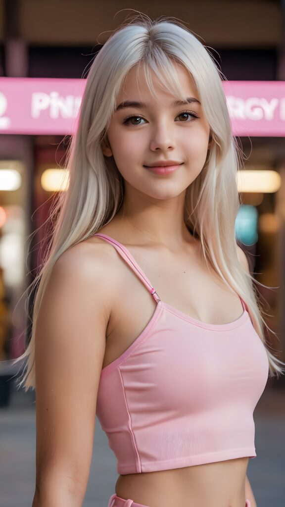 a beautiful realistic photo from a (((pretty young teen girl, 14 years old))), with long, silky, shiny straight long white hair, bangs cut framing her found face, her hair extends beyond her shoulders, she looks cheerfully at the viewer, perfect curved body, (((she is wearing a pink strap crop tube top))) against natural backdrop