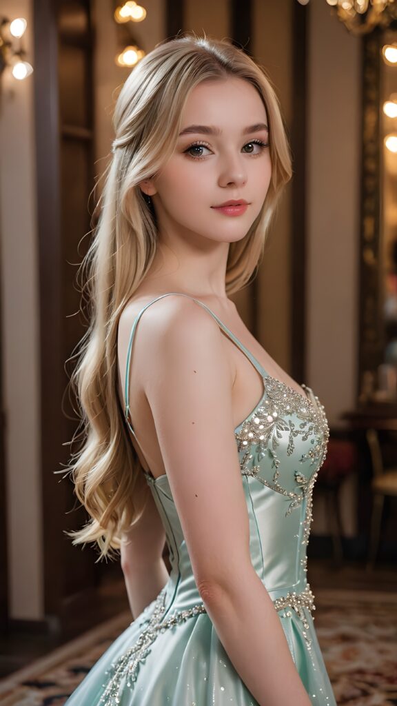 a beautiful slim seductive very busty young girl, aged 19, with long straight shiny blonde hair and delicate pale skin, wearing a very tight lowcut ballgown