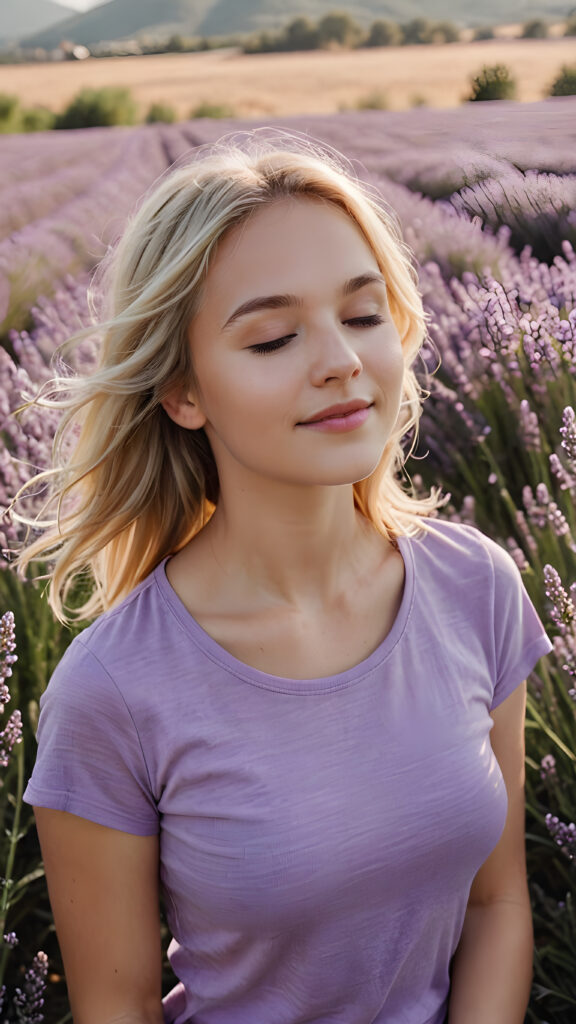 a beautiful soft blonde girl in a field of lavender, eyes closed and a serene smile on her lips, she wears a violet short t-shirt, perfect body, completely at peace with her surroundings