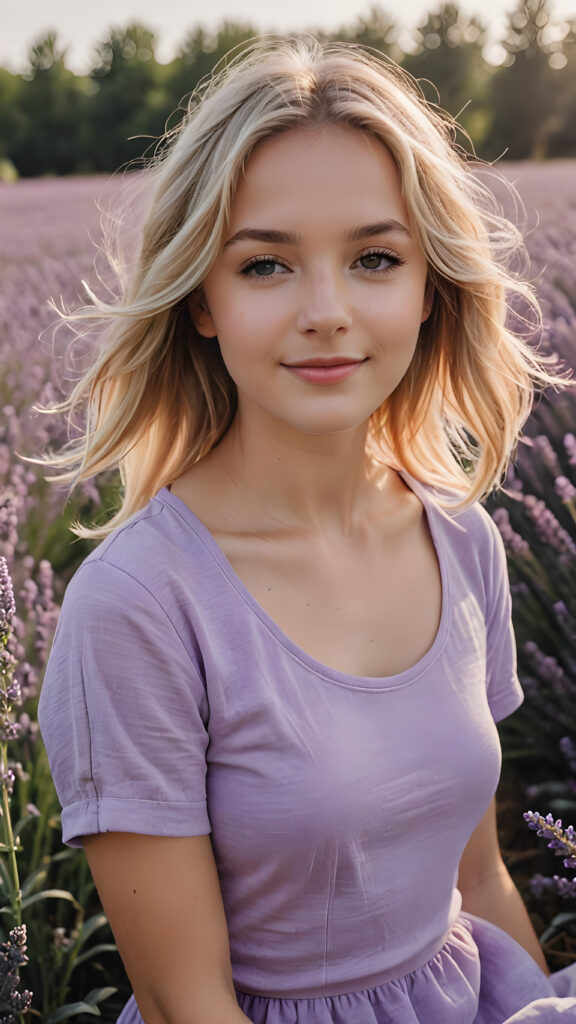 a beautiful soft blonde girl in a field of lavender, eyes closed and a serene smile on her lips, she wears a violet short t-shirt, perfect body, completely at peace with her surroundings