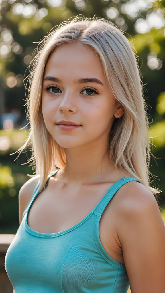 a beautiful teenage girl, 13 years old, long straight soft platinum blond hair, perfect curved body, crop tank top, ((cute)) ((stunning)) ((gorgeous))