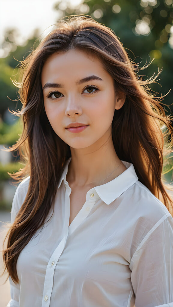 a beautiful teenage girl long radiant soft hair, perfect curved body, ((cute)) ((stunning)) ((gorgeous)) ((cotton white shirt))