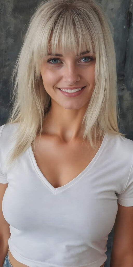 a beautiful well busty women dressed in a fine short cropped white t-shirt, perfect curved body, deep v-neck, straight platinum blond hair, bangs, smile, view from the front