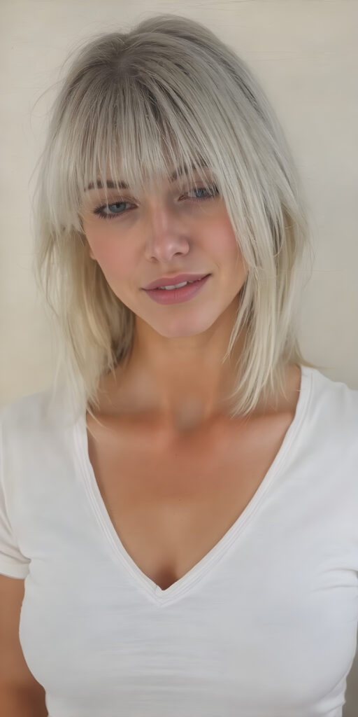 a beautiful well busty women dressed in a fine short cropped white t-shirt, perfect curved body, deep v-neck, straight platinum blond hair, bangs, smile, view from the front