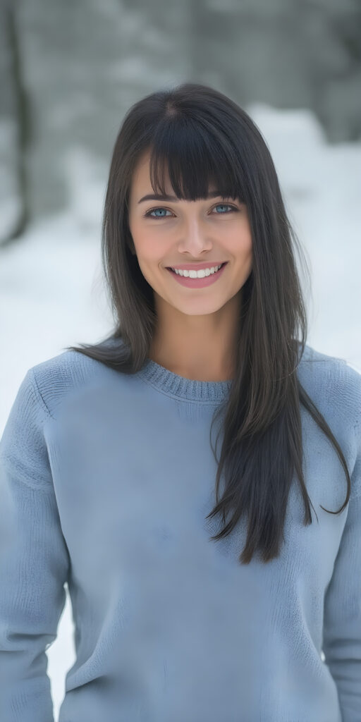 a beautiful women dressed in a blue fine sweater, perfect curved body, straight black hair, bob, bangs, smile, snowy white, view from the front