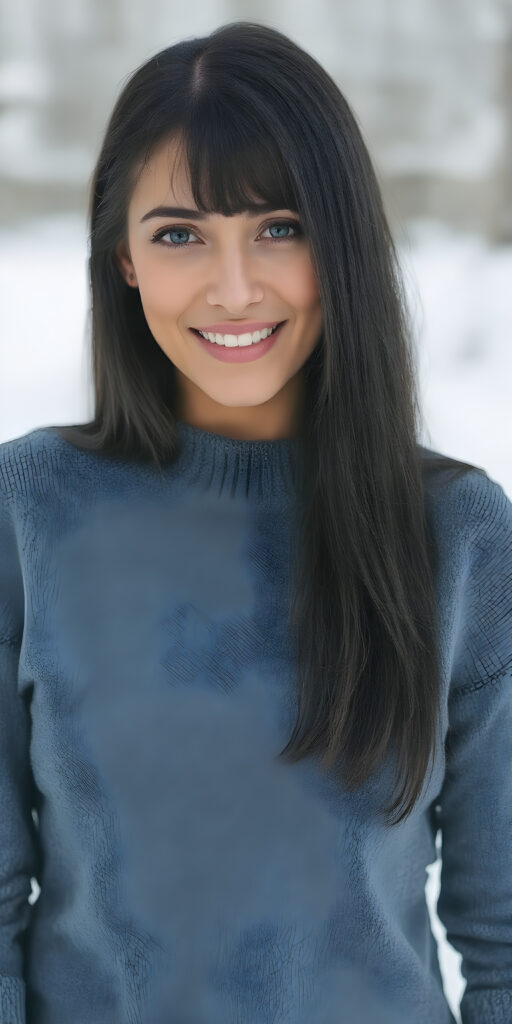 a beautiful women dressed in a blue fine sweater, perfect curved body, straight black hair, bob, bangs, smile, snowy white, view from the front