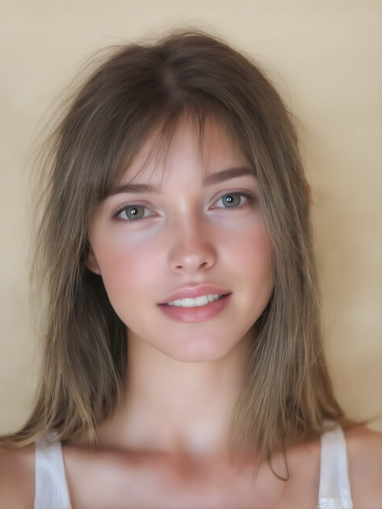 a beautiful, young, well busty girl, beautiful oval face, with soft jet straight hair, detailed and realistic hair, big round amber eyes, a stunning gaze with perfectly straight and white teeth, wearing a white short tank top, deep neck, with no wrinkles or design elements, looking confident and natural, ((stunning)) ((gorgeous)) ((detailed))