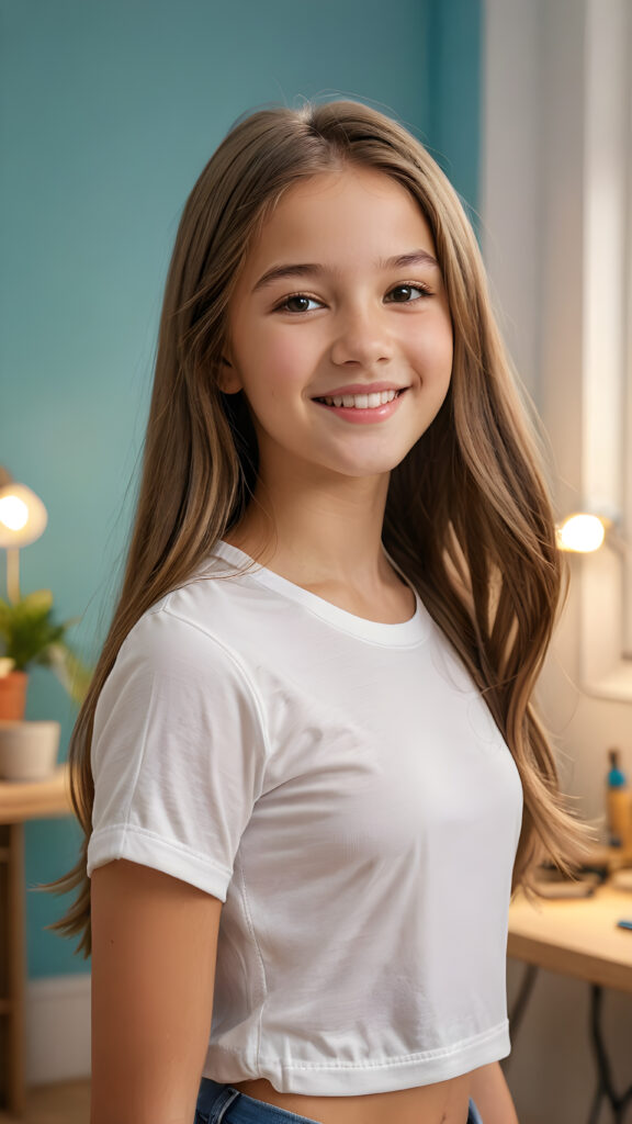 a beautiful, young teen girl, ((detailed and realistic straight hair)), ((detailed, realistic photo)) ((perfect curved body)) ((gorgeous)) ((stunning)) ((cute)), short crop shirt, enjoy her carefree life, she is smiling, posing