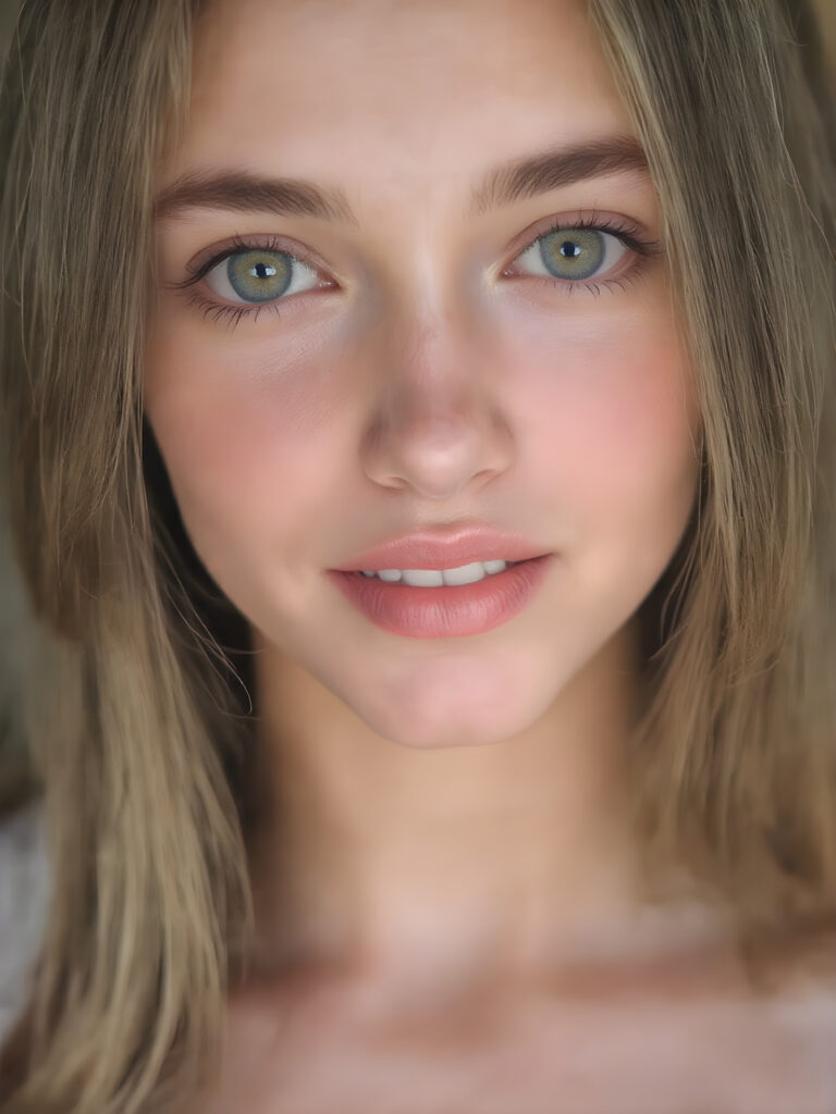 a beautiful, young, well busty girl, beautiful oval face, with soft jet straight hair, detailed and realistic hair, big round amber eyes, a stunning gaze with perfectly straight and white teeth, wearing a white short tank top, deep neck, with no wrinkles or design elements, looking confident and natural, ((stunning)) ((gorgeous)) ((detailed))