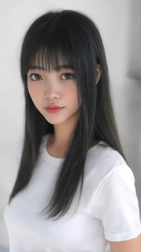 a beautiful, young Asian and Oriental teen girl, ((soft raven black jet straight hair)) ((detailed and realistic hair)), big round amber eyes, ((detailed, realistic photo)) ((perfect curved body)) ((gorgeous)) ((stunning)) ((cute)), she wears a white short t-shirt