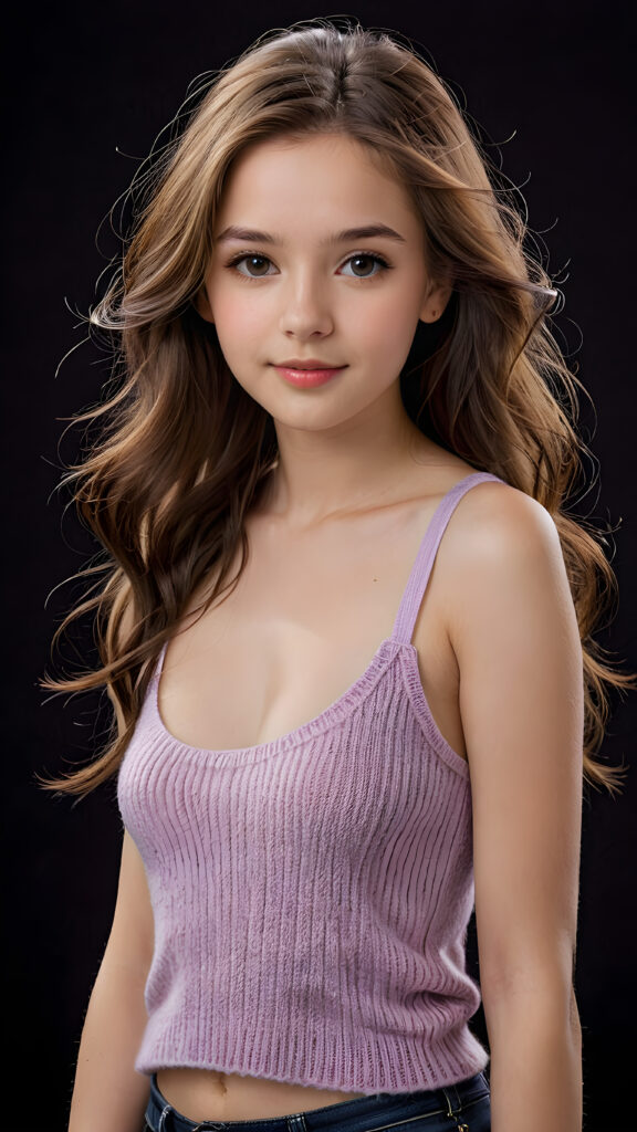 a beautiful, young teen girl, with ((light purpur soft long hair)), ((detailed and realistic hair)), ((wears a short spanned cropped tank top made of fine soft wool)), ((detailed, realistic photo)), ((perfect curved body)), ((gorgeous)), ((stunning)), ((cute)), ((black background))