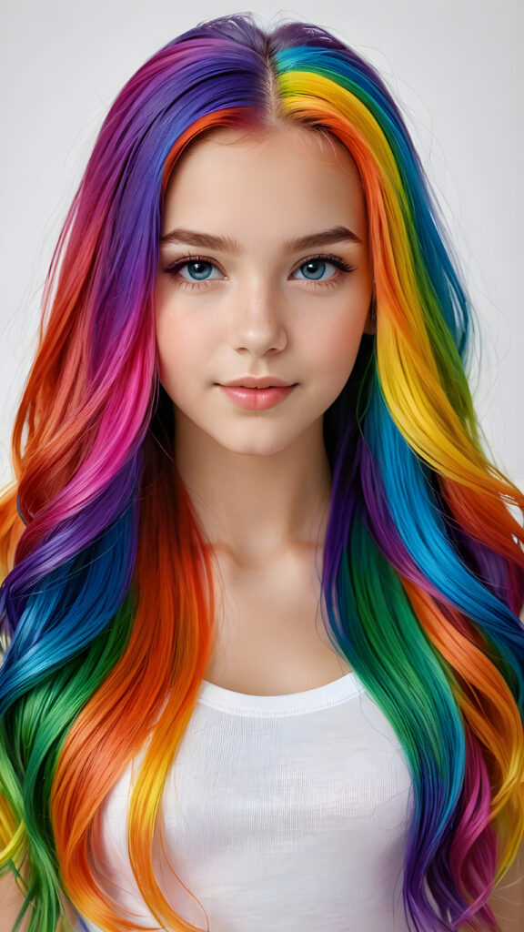 a beautiful, young teen girl, the ((hair in rainbow colors)) ((detailed and realistic hair)), ((detailed, realistic photo)) ((perfect curved body)) ((gorgeous)) ((stunning)) ((cute))