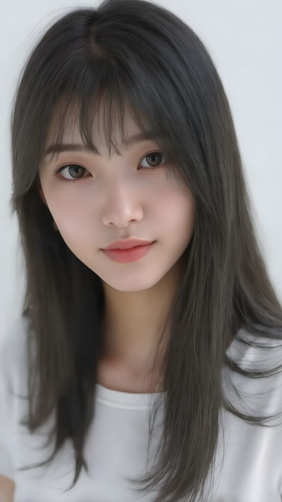 a beautiful, young Asian and Oriental teen girl, ((soft raven black jet straight hair)) ((detailed and realistic hair)), big round amber eyes, ((detailed, realistic photo)) ((perfect curved body)) ((gorgeous)) ((stunning)) ((cute)), she wears a white short t-shirt