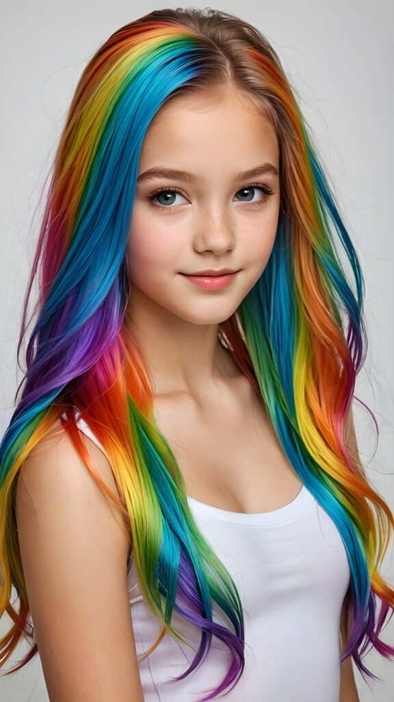 a beautiful, young teen girl, the ((hair in rainbow colors)) ((detailed and realistic hair)), ((detailed, realistic photo)) ((perfect curved body)) ((gorgeous)) ((stunning)) ((cute))