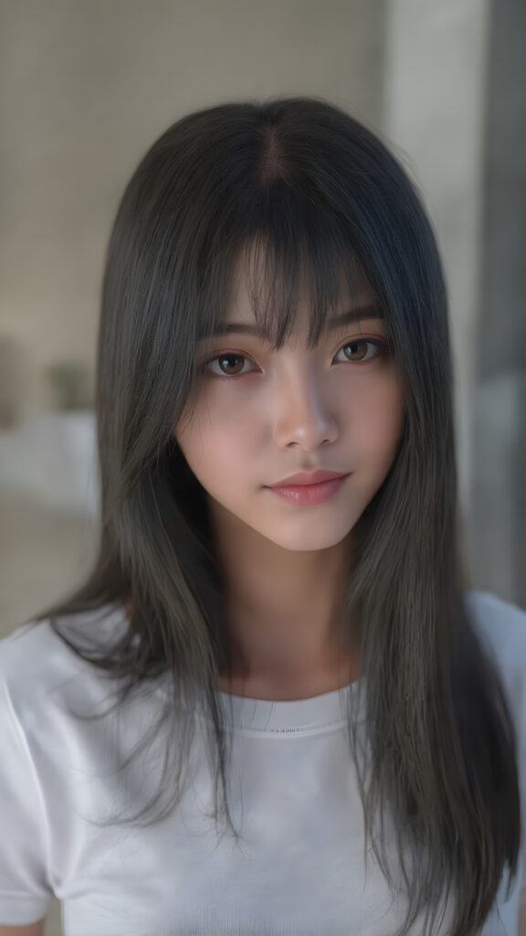 a beautiful, young Asian and Oriental teen girl, ((soft raven black jet straight hair)) ((detailed and realistic hair)), big round amber eyes, ((detailed, realistic photo)) ((perfect curved body)) ((gorgeous)) ((stunning)) ((cute)), she wears a white short t-shirt