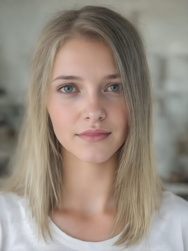 a beautiful, young, well busty girl, beautiful oval face, with soft jet straight hair, detailed and realistic hair, big round amber eyes, a stunning gaze with perfectly straight and white teeth, wearing a white short t-shirt with no wrinkles or design elements, looking confident and natural, ((stunning)) ((gorgeous)) ((detailed))