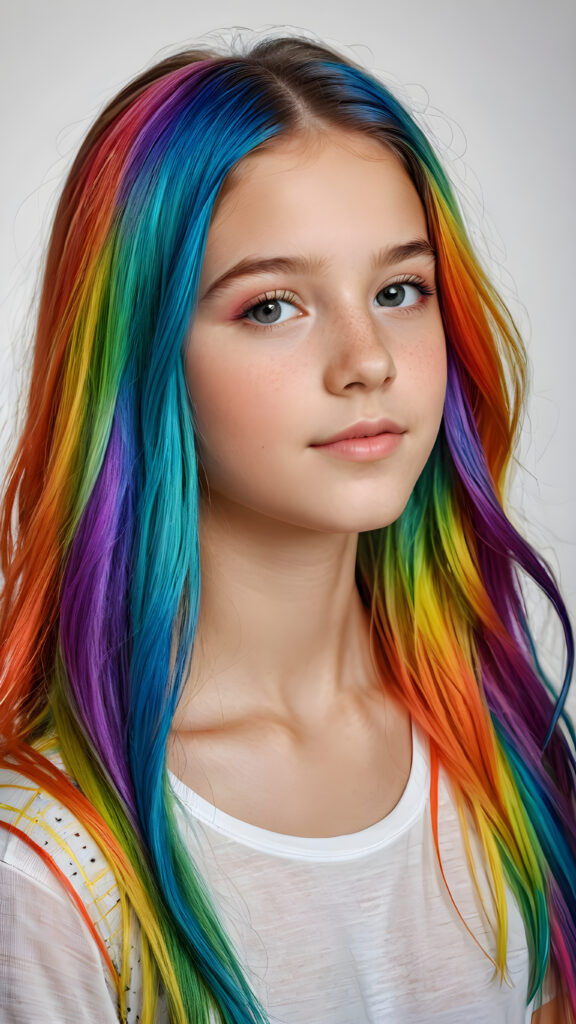 a beautiful, young teen girl, the ((hair in rainbow colors)) ((detailed and realistic hair)), ((detailed, realistic photo)) ((perfect curved body)) ((gorgeous)) ((stunning)) ((cute))