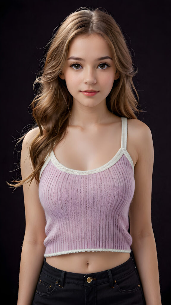 a beautiful, young teen girl, with ((light purpur soft long hair)), ((detailed and realistic hair)), ((wears a short spanned cropped tank top made of fine soft wool)), ((detailed, realistic photo)), ((perfect curved body)), ((gorgeous)), ((stunning)), ((cute)), ((black background))