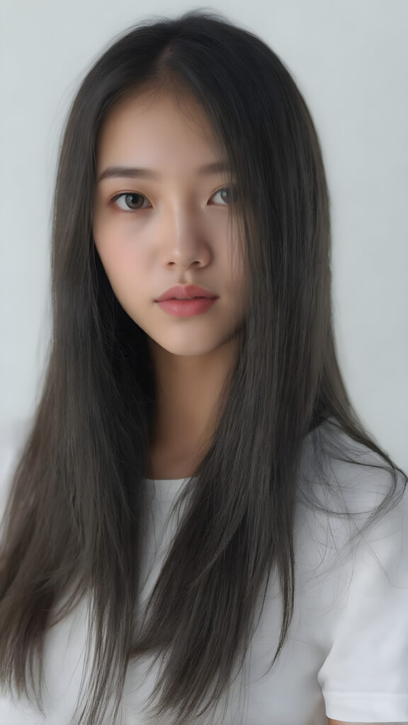 a beautiful, young Asian and Oriental teen girl, ((soft raven black jet straight hair)) ((detailed and realistic hair)), big round amber eyes, ((detailed, realistic photo)) ((perfect curved body)) ((gorgeous)) ((stunning)) ((cute)), she wears a white short t-shirt