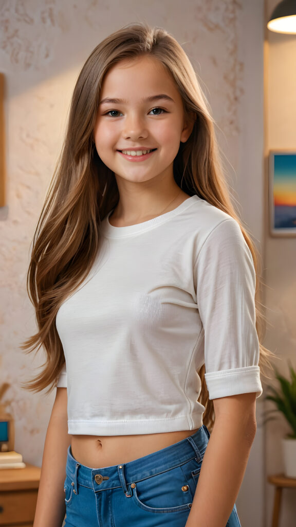 a beautiful, young teen girl, ((detailed and realistic straight hair)), ((detailed, realistic photo)) ((perfect curved body)) ((gorgeous)) ((stunning)) ((cute)), short crop shirt, enjoy her carefree life, she is smiling, posing