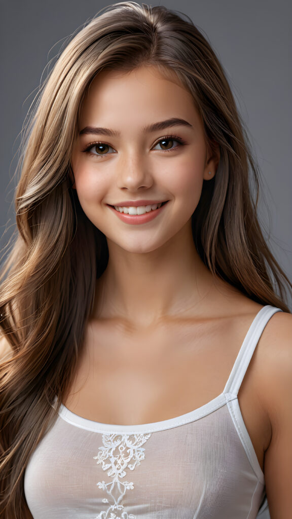 a beautiful, young teen girl, ((detailed and realistic straight hair)), ((detailed, realistic photo)) ((perfect curved body)) ((gorgeous)) ((stunning)) ((cute)), short crop shirt, enjoy her carefree life, she is smiling