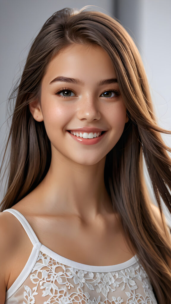 a beautiful, young teen girl, ((detailed and realistic straight hair)), ((detailed, realistic photo)) ((perfect curved body)) ((gorgeous)) ((stunning)) ((cute)), short crop shirt, enjoy her carefree life, she is smiling