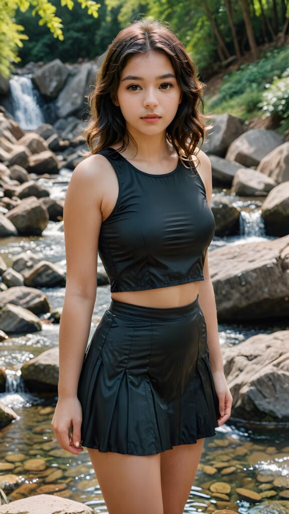 a beautiful, young girl stands in a natural spring and looks embarrassed into the camera. Her black, wavy hair falls over her upper body. She is wearing a thin silk crop top and round short miniskirt