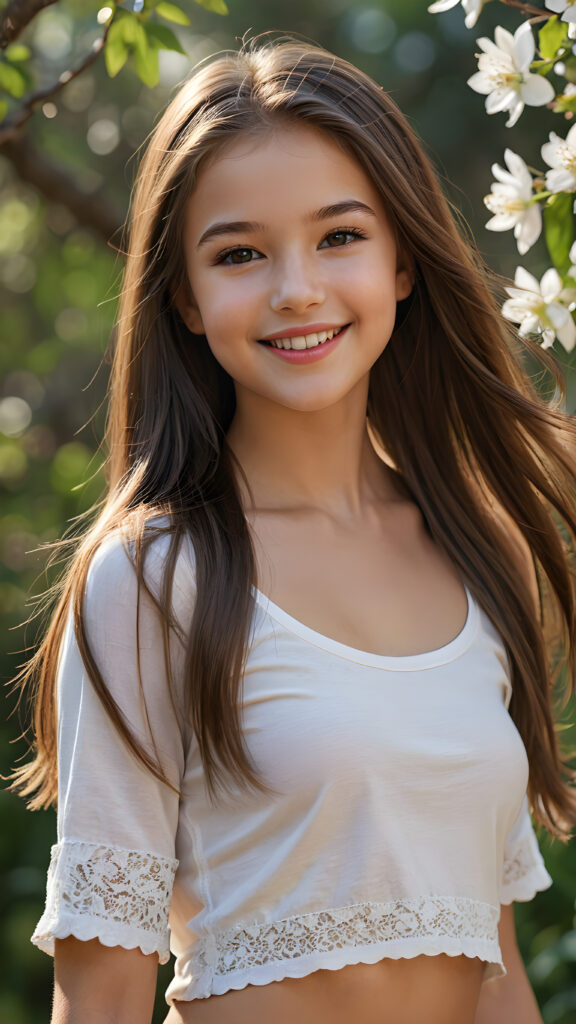 a beautiful, young teen girl, ((detailed and realistic straight hair)), ((detailed, realistic photo)) ((perfect curved body)) ((gorgeous)) ((stunning)) ((cute)), short crop shirt, enjoy her carefree life, she is smiling, stands in a natural spring